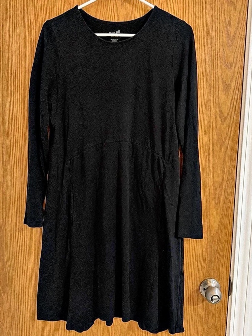 Pure Jill S Dress Dipped-Hem Swing Pima Cotton Black Pockets Long Sleeve Basic